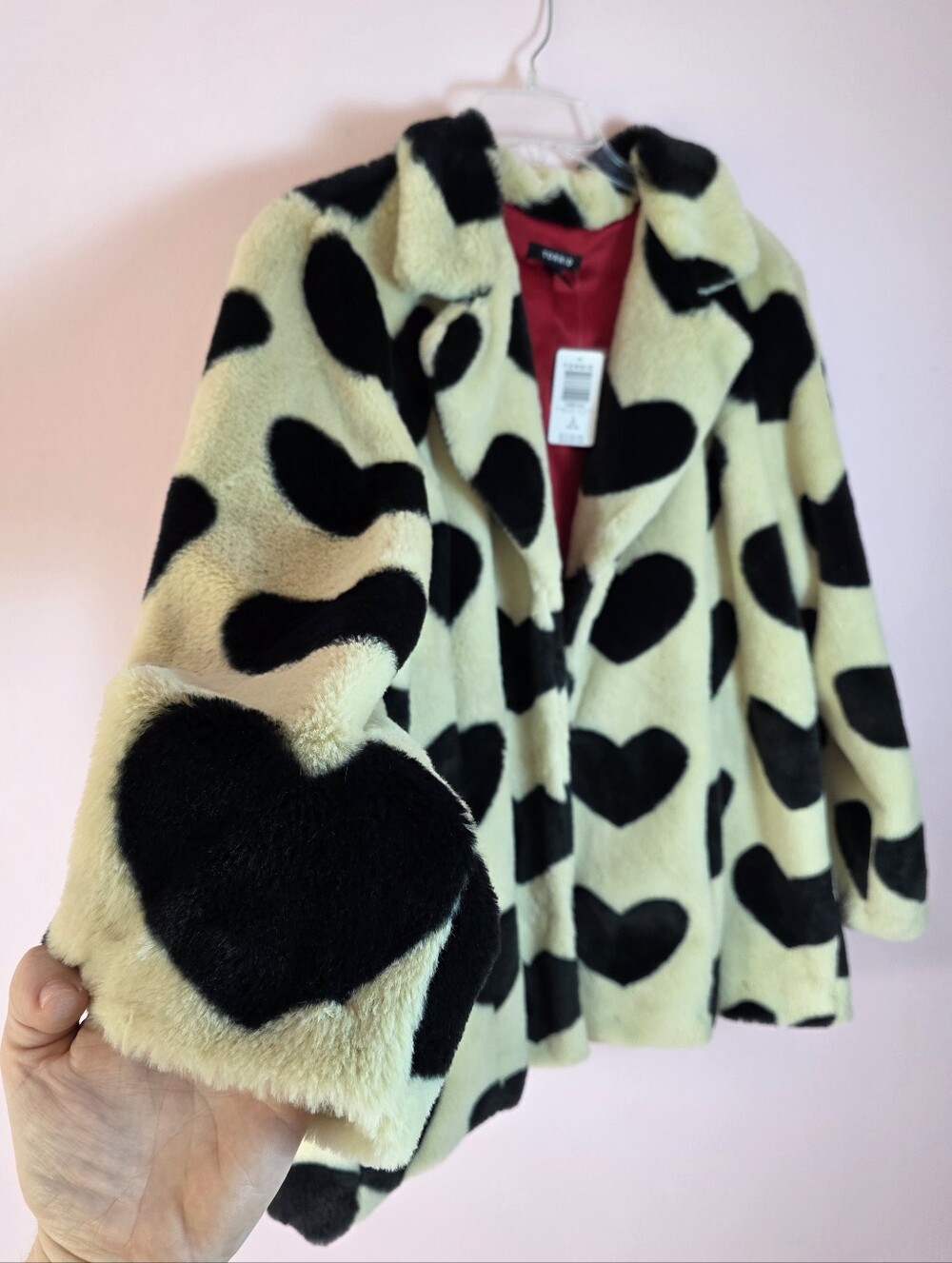 Torrid Faux Fur Heart Teddy Soft Coat - Black & Cream